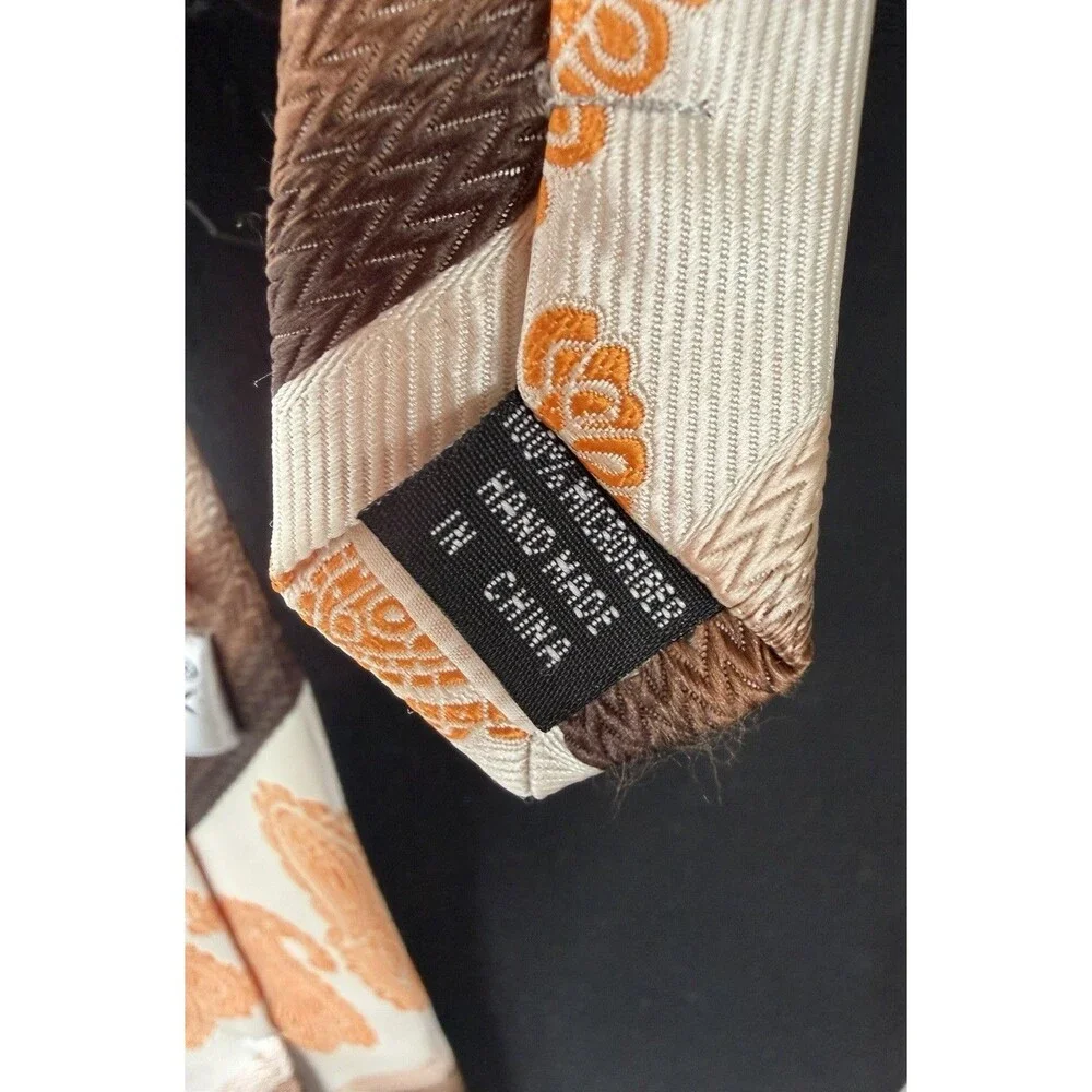 Karl Knox Bold Designer Necktie Orange Paisley Geometric Brown Cream Microfiber